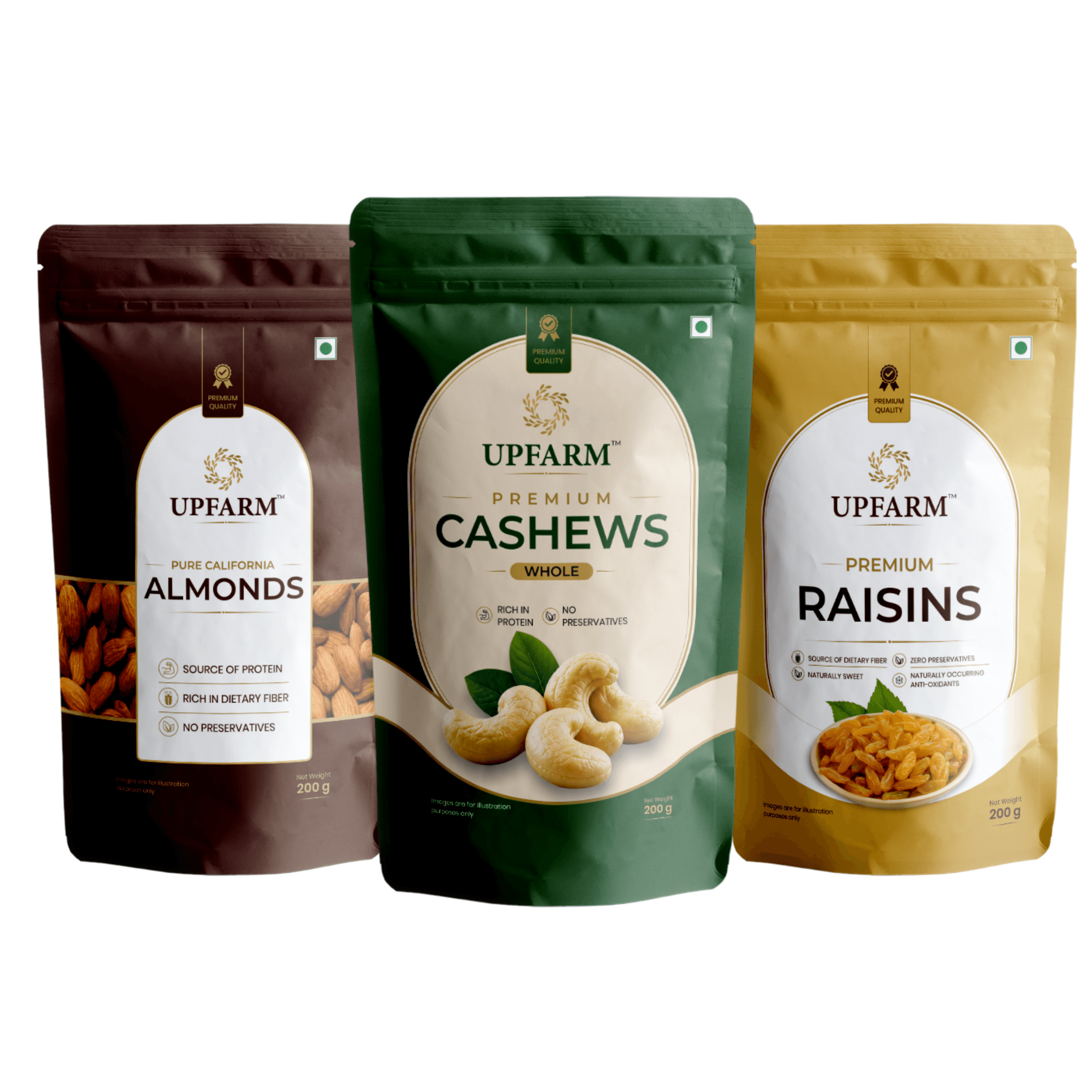 Premium Dry Fruit Combo Pack – Cashews, California Almonds & Raisins (Pack of 3) product packaging