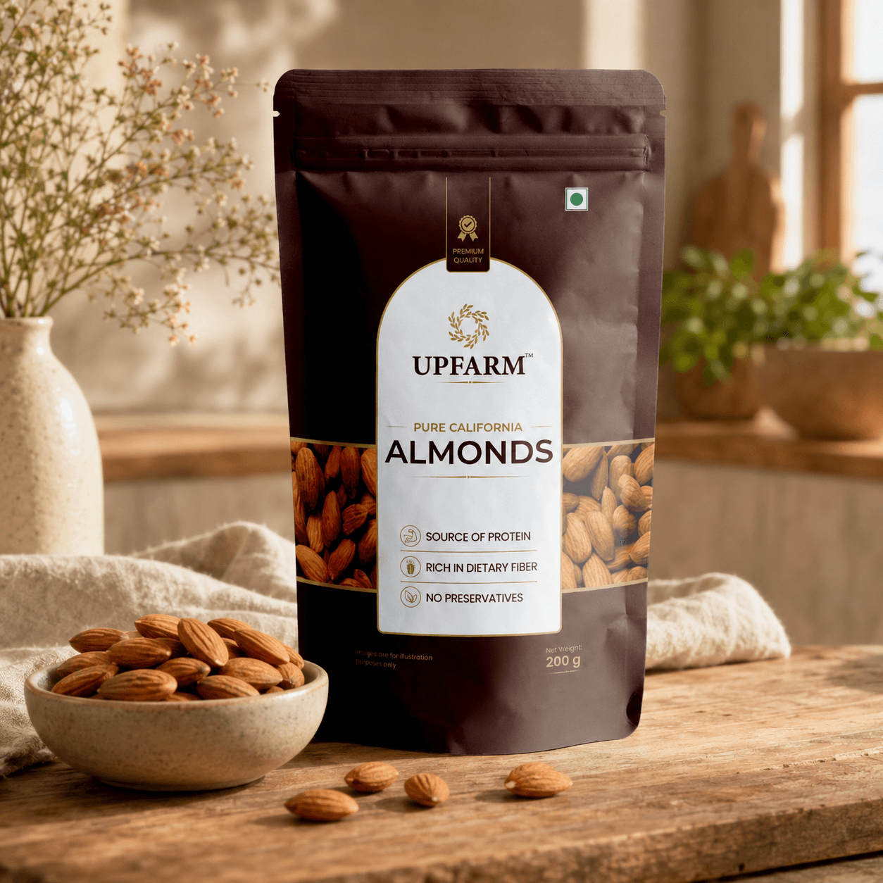UPFARM Premium Almonds in a warm kitchen setting